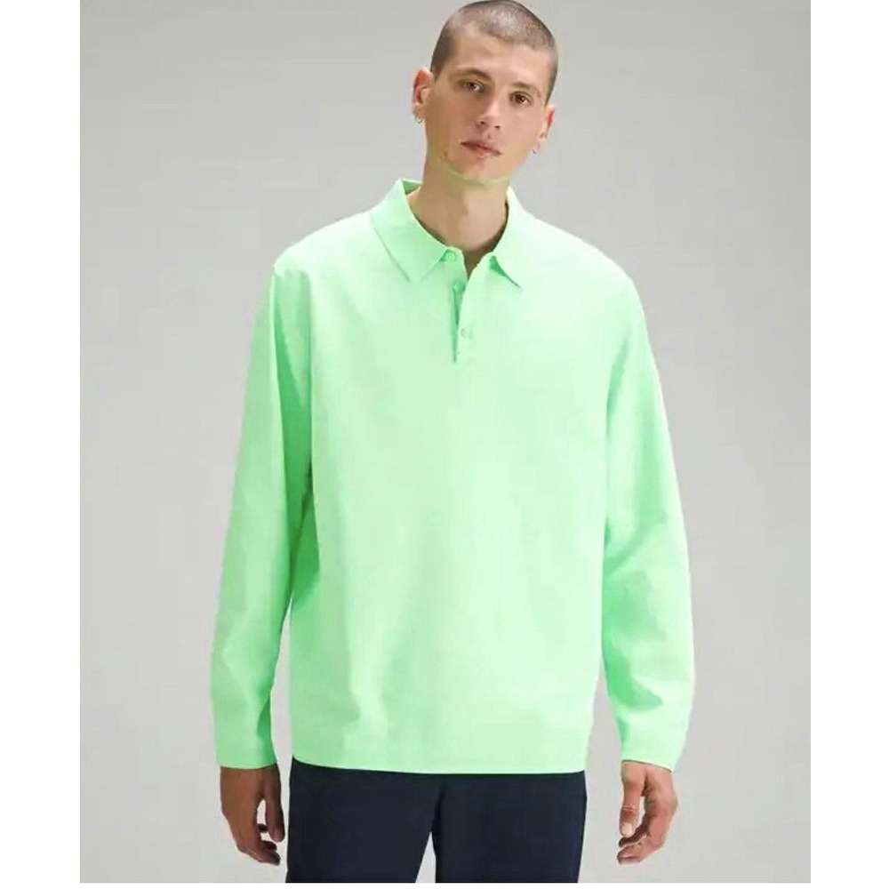 lululemon Mens Green Long Sleeve Polo Shirt Solid Button Logo Size L